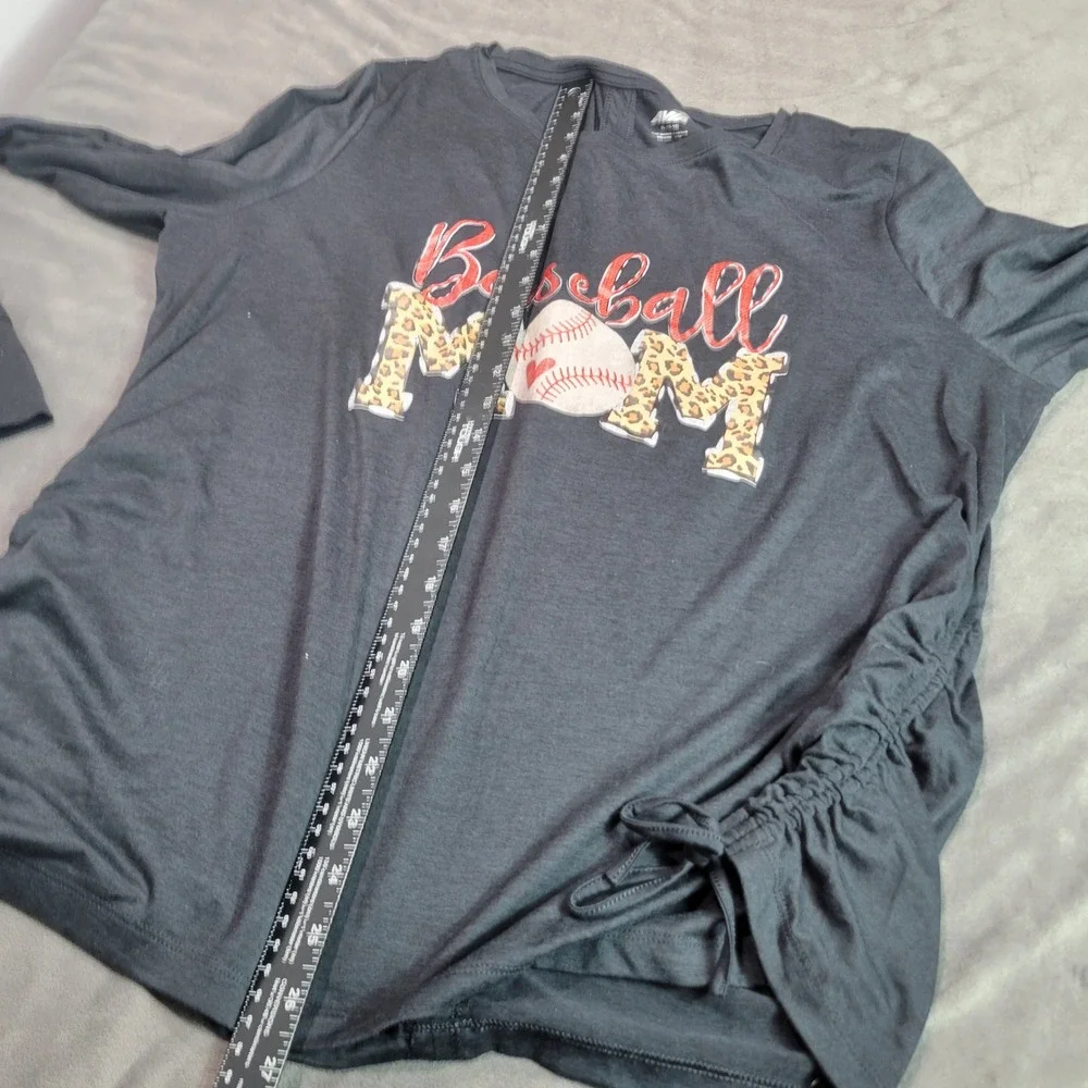 Avia‎ Womens XL Baseball Mom Graphic Long Sleeve Tee Gray Ruched Thumbhole